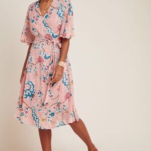 Maeve Pink and Blue Flutter Sleeve Wrap Midi Dress